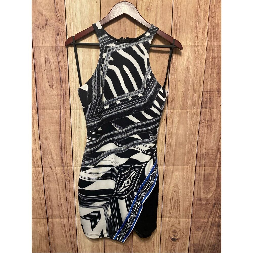 Bebe Small bodycon sexy dress sleeveless black white blue print